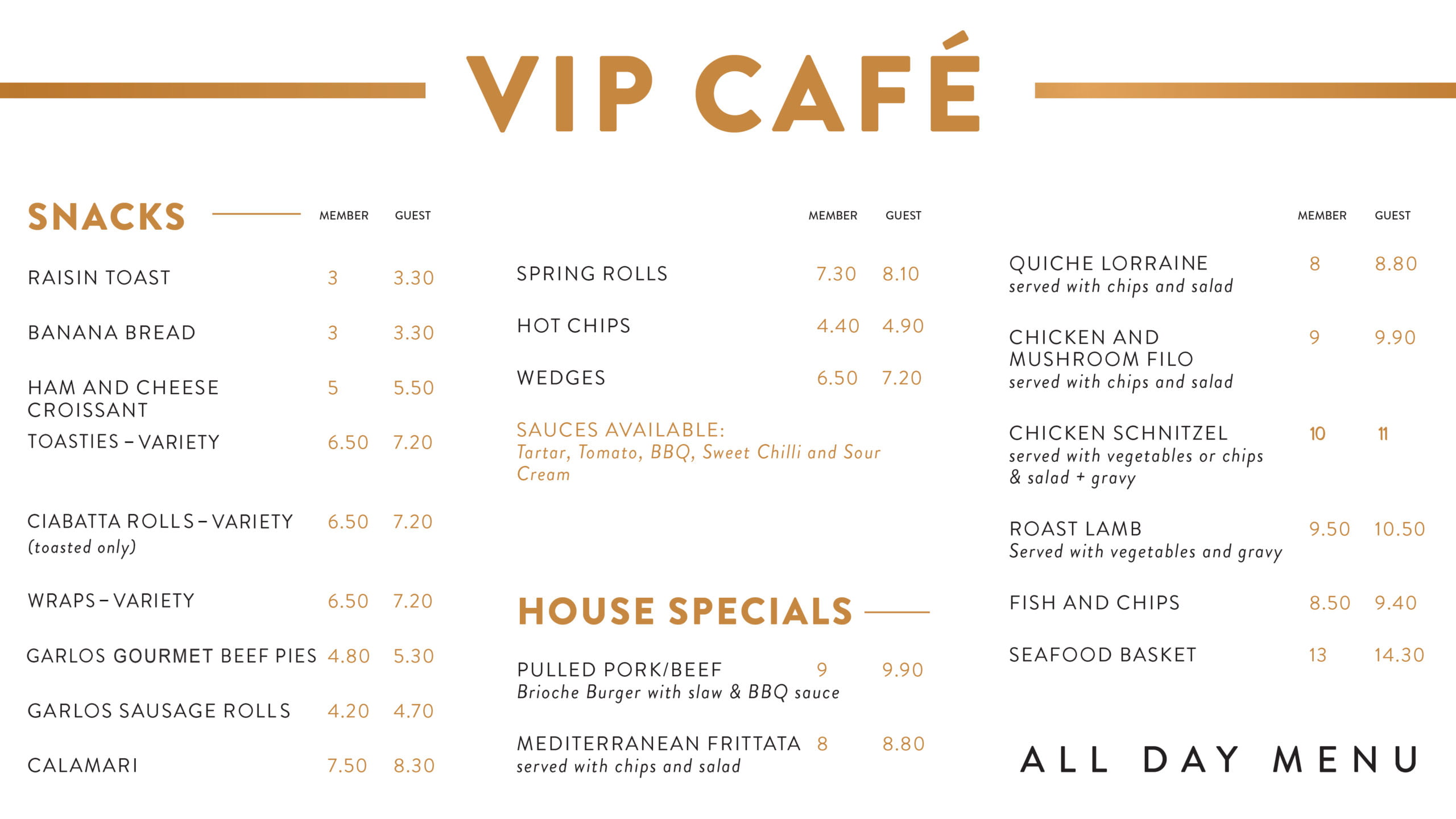 vip travel caffe menu