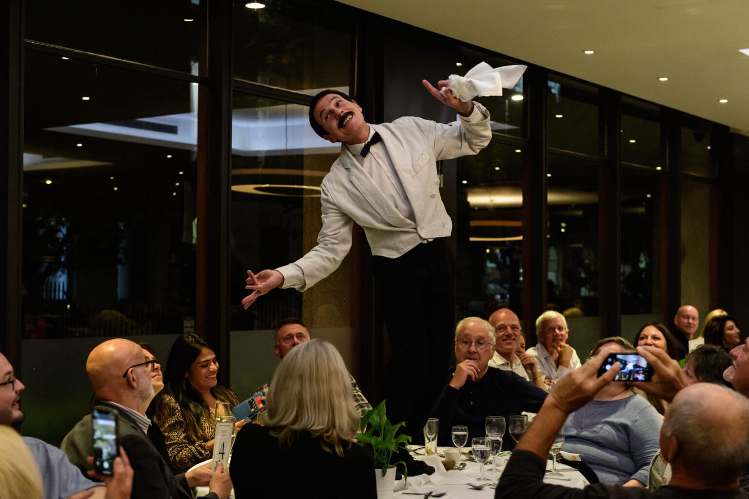 London, UK. 29.09.2022. Faulty Towers The Dining Experience, an interactive show, at The President Hotel, Bloomsbury, London. the cast is: Basil: Jack Baldwin
Manuel: Anthony Clegg
Sybil: Clare Buckingham. Photograph © Jane Hobson.